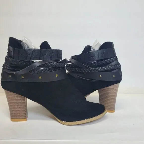 Heli Black Buckle-Strap Bootie Women's Faux Leather Block Heel US 8 - Picture 2 of 6